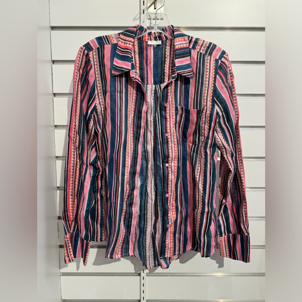 Ecru Pink and Blue Striped Women’s Button Up Shirt